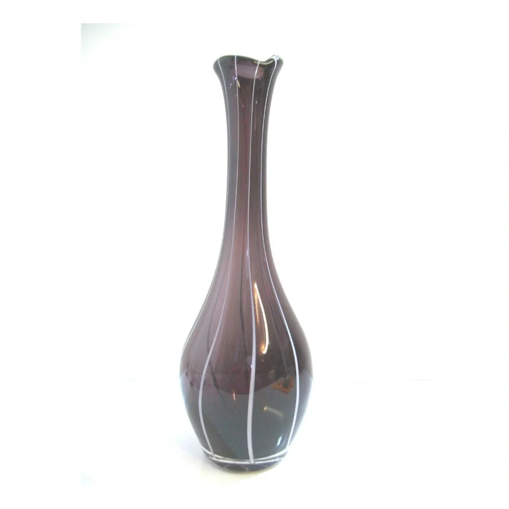 Mid-Century Amethyst Art Glass Vase White Swirl 16